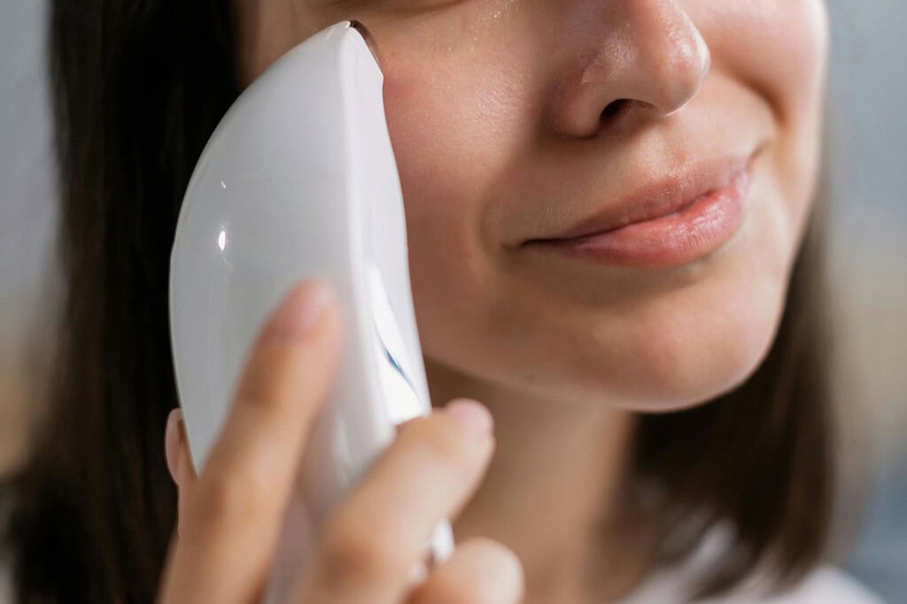 beauty tech - a woman holding a device to her face
